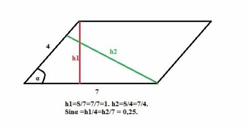 Площадь параллелограмма,смежные стороны которого 4 см и 7 см, равна 7 см². найдите его высоту и остр