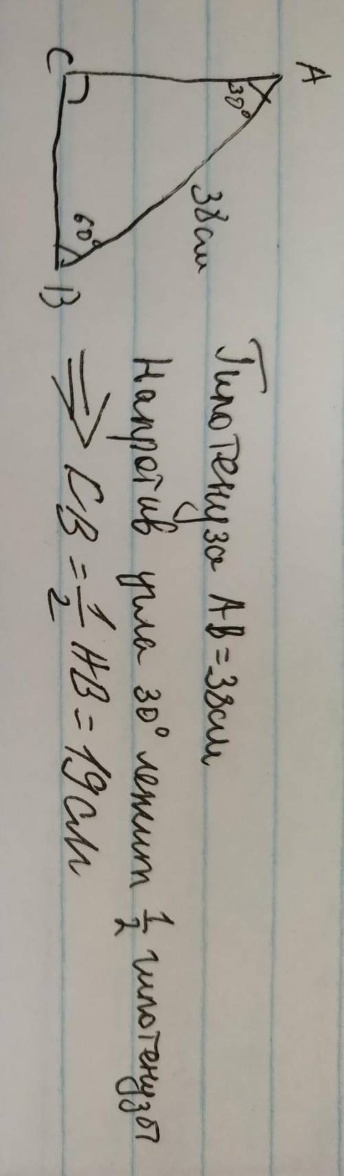 Впрямоугольном треугольнике авс гипотенуза ав равна 38 см, а угол в=60° найдите катет вс.