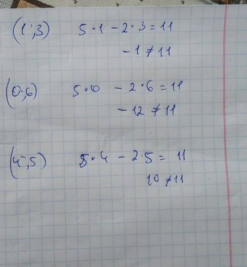 Какие из пар чисел (1; 3), (0; 6), (4,5) являются решениями уравнения 5х-2у=11?