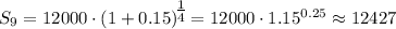 S_9=12000\cdot (1+0.15)^\big{\frac{1}{4}}=12000\cdot 1.15^{0.25}\approx 12427