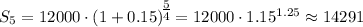 S_5=12000\cdot (1+0.15)^\big{\frac{5}{4}}=12000\cdot 1.15^{1.25}\approx 14291