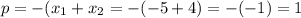 p=-(x_{1}+x_{2}=-(-5+4)=-(-1)=1