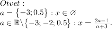 Otvet:\\a=\begin{Bmatrix}-3;0.5\end{Bmatrix}:x\in \varnothing\\a\in \mathbb{R}\backslash {\begin{Bmatrix}-3;-2;0.5\end{Bmatrix}}:x=\frac{2a-1}{a+3}.