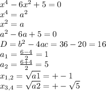 x^{4} -6x^{2} +5=0\\ x^{4} =a^{2} \\ x^{2} =a \\ a^{2}-6a +5=0\\ D=b^{2}-4ac=36-20=16 \\a_{1} = \frac{6-4}{2} =1\\ a_{2} =\frac{6+4}{2} =5\\ x_{1, 2} = \sqrt{a1} =+-1 \\ x_{3,4} =\sqrt{a2} =+-\sqrt{5}