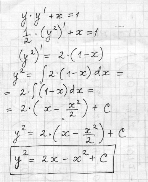 Решить уравнение с разделяющейся переменной y*y'+x=1