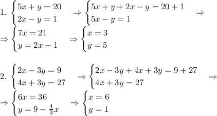 1.\;\begin{cases}5x+y=20\\2x-y=1\end{cases}\Rightarrow\begin{cases}5x+y+2x-y=20+1\\5x-y=1\end{cases}\Rightarrow\\\Rightarrow\begin{cases}7x=21\\y=2x-1\end{cases}\Rightarrow\begin{cases}x=3\\y=5\end{cases}\\\\\\2.\;\begin{cases}2x-3y=9\\4x+3y=27\end{cases}\Rightarrow\begin{cases}2x-3y+4x+3y=9+27\\4x+3y=27\end{cases}\Rightarrow\\\Rightarrow\begin{cases}6x=36\\y=9-\frac43x\end{cases}\Rightarrow\begin{cases}x=6\\y=1\end{cases}