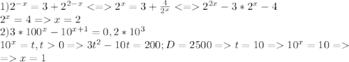 1)2^{-x}=3+2^{2-x}<=2^x=3+\frac{4}{2^x}<=2^{2x}-3*2^x-4\\2^x=4=x=2\\2) 3*100^x-10^{x+1}=0,2*10^3\\10^x=t,t0=3t^2-10t=200;D=2500=t=10=10^x=10=\\=x=1