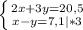 \left \{ {{2x+3y=20,5} \atop {x-y=7,1}|*3} \right.