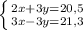 \left \{ {{2x+3y=20,5} \atop {3x-3y=21,3}} \right.