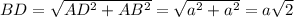 BD=\sqrt{AD^2+AB^2}=\sqrt{a^2+a^2}=a\sqrt{2}