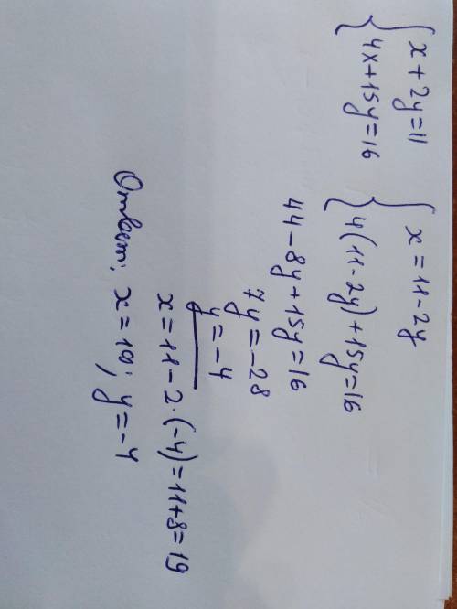 Решите систему уравнений : х+2у=11 ; 4х+15у=16​