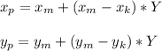 x_p=x_m+(x_m-x_k)*Y\\\\y_p=y_m+(y_m-y_k)*Y\\