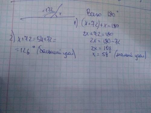 Один из смежных углов на 72 градуса больше другого найдите больший угол