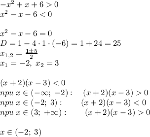 -x^2+x+60\\x^2-x-6<0\\\\x^2-x-6=0\\D=1-4\cdot1\cdot(-6)=1+24=25\\x_{1,2}=\frac{1\pm5}2\\x_1=-2,\;x_2=3\\\\(x+2)(x-3)<0\\npu\;x\in(-\infty;\;-2):\quaq\quad(x+2)(x-3)0\\npu\;x\in(-2;\;3):\quad\quad(x+2)(x-3)<0\\npu\;x\in(3;\;+\infty):\quad\quad(x+2)(x-3)0\\\\x\in(-2;\;3)