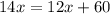 14x = 12x + 60