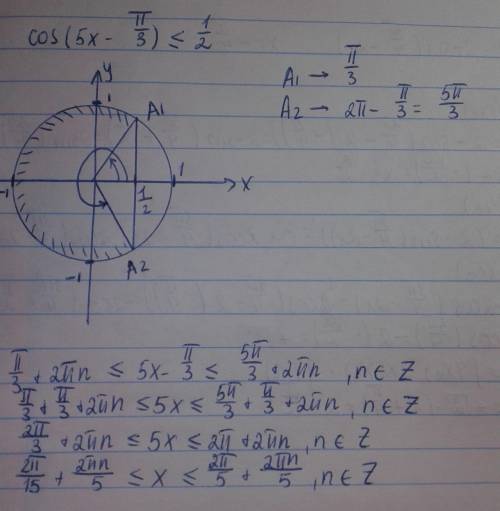 Cos(5x-pi/3) меньше или равно 0,5 , 25 !