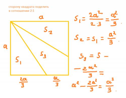 Провести из вершины квадрата два отрезка прямых так, чтобы они поделили площадь квадрата на три равн