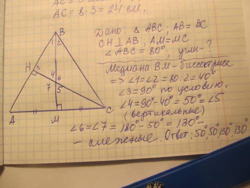 Вравнобедренном треугольнике (ав=вс) проведены медиана вм и высота сh. какиеуглы образуют вм и сн пр