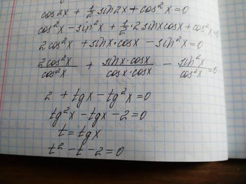 Решите уравнение cos(2x) + 1/2 sin(2x) + cos^2(x)=0