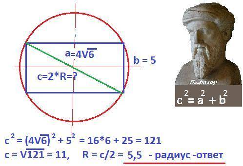 Найдите радиус окружности описанной около прямоугольника со сторонами 5 и 4√6, заранее за ответ ​