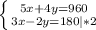 \left \{ {{5x+4y=960} \atop {3x-2y=180}|*2} \right.