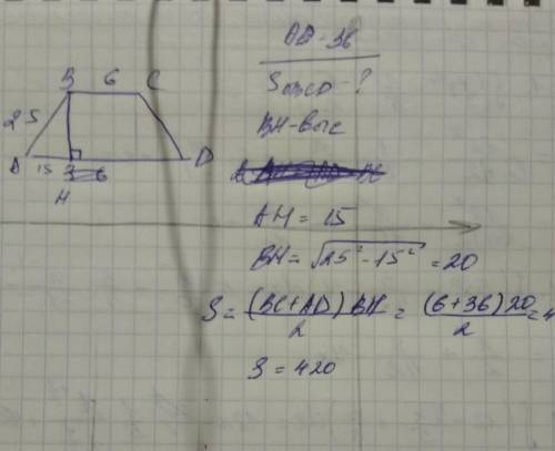 Основы равнобедренной трапеции 6 и 36 см., а боковая сторона 25 см.найти площадь трапеции.