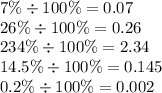 7\% \div 100\% = 0.07 \\ 26\% \div 100\% = 0.26\\ 234\% \div 100\% = 2.34 \\ 14.5\% \div 100\% = 0.145 \\ 0.2\% \div 100\% = 0.002