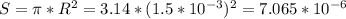 S=\pi*R^2=3.14*(1.5*10^{-3})^2=7.065*10^{-6}