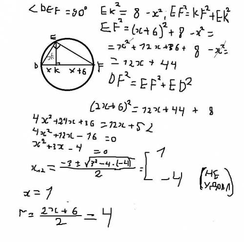 Из точки e окружности опущен перпендикуляр ek на её диаметр df, de = 2 2 см. найдите радиус окружнос