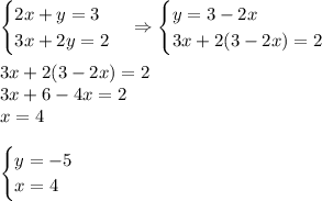 \begin{cases}2x+y=3\\3x+2y=2\end{cases}\Rightarrow\begin{cases}y=3-2x\\3x+2(3-2x)=2\end{cases}\\\\3x+2(3-2x)=2\\3x+6-4x=2\\x=4\\\\\begin{cases}y=-5\\x=4\end{cases}