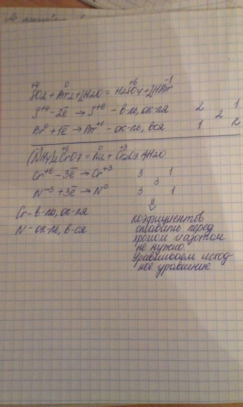 Расставить коэффициенты в реакции, написать овр so2+br2+h2o=h2so4+hbr (nh4)2cr2o7=n2+cr2o3+h2o