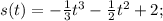 s(t)=-\frac{1}3t^3-\frac{1}{2}t^2+2;