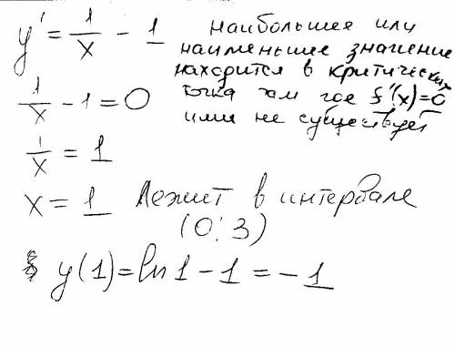 Решить! найдите наибольшее значение функции y=in x-x на интервале (0; 3) (правильный ответ: -1, но м