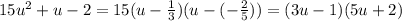 15u^2+u-2=15(u-\frac{1}{3})(u-(-\frac{2}{5}))=(3u-1)(5u+2)