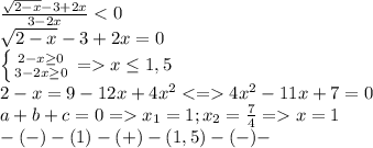 \frac{\sqrt{2-x}-3+2x }{3-2x} <0\\\sqrt{2-x}-3+2x=0\\\left \{ {{2-x\geq0 } \atop {3-2x\geq 0}} \right. =x\leq 1,5\\2-x=9-12x+4x^2<=4x^2-11x+7=0\\a+b+c=0=x_1=1;x_2=\frac{7}{4} =x=1\\-(-)-(1)-(+)-(1,5)-(-)-