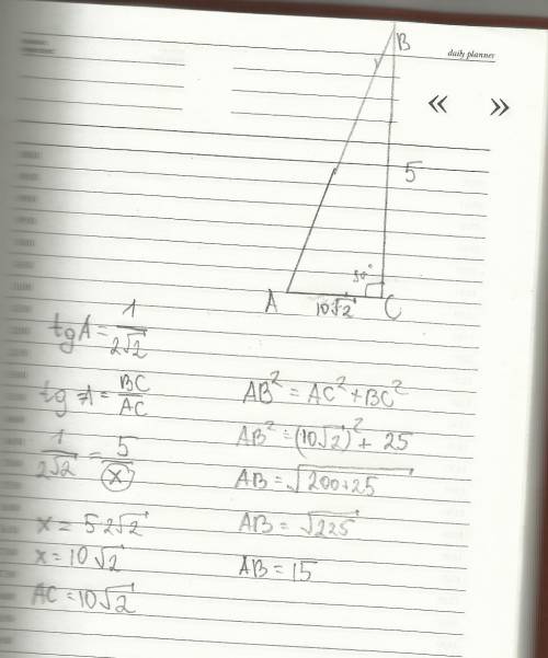 Втреугольнике авс угол с равен 90 градусов bc = 5 , tg a = 1/ 2√2 найти ab