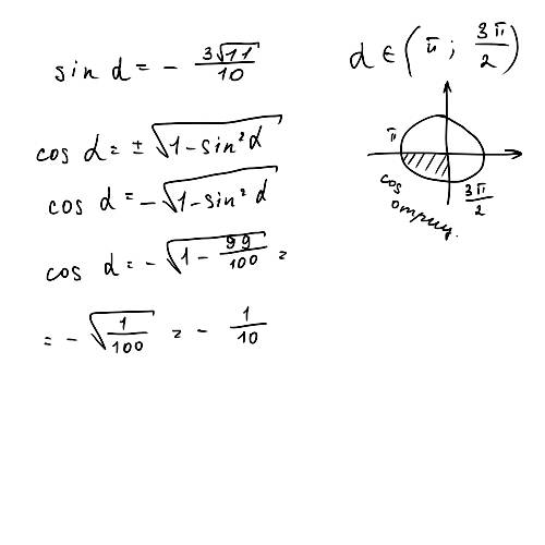 Найдите cos a если sin a= -3корень11 /10 и а принадлежит (pi: 3pi / 2