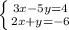 \left \{ {{3x-5y=4} \atop {2x+y=-6}} \right.