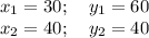 x_1=30;~~~ y_1=60\\ x_2=40;~~~ y_2=40