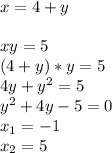 x=4+y\\\\xy=5\\(4+y)*y=5\\4y+y^2=5\\y^2+4y-5=0\\x_1=-1\\x_2=5