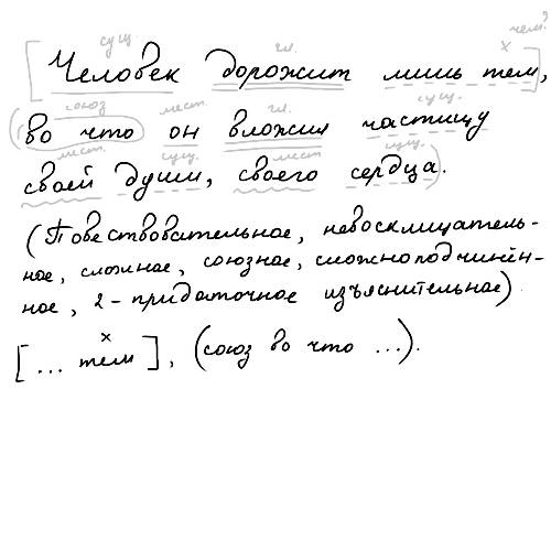 Полный синтакчический разбор предложения человекдорожитлишьтем, вочтоонвложилчастицусвоейдуши, своег