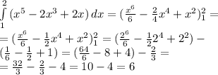 \int\limits^2_1 {(x^5-2x^3+2x)} \, dx =(\frac{x^6}{6}-\frac{2}{4}x^4+x^2)^2_1=\\=(\frac{x^6}{6}-\frac{1}{2}x^4+x^2)^2_1=(\frac{2^6}{6}-\frac{1}{2}2^4+2^2)-\\(\frac{1}{6}-\frac{1}{2}+1)=(\frac{64}{6}-8+4)-\frac{2}{3}=\\=\frac{32}{3}-\frac{2}{3}-4=10-4=6