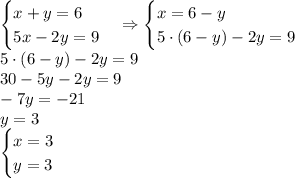 \begin{cases} x+y=6\\ 5x-2y=9 \end{cases}\Rightarrow \begin{cases} x=6-y\\ 5\cdot(6-y)-2y=9 \end{cases}\\ 5\cdot(6-y)-2y=9\\ 30-5y-2y=9\\ -7y=-21\\ y=3\\ \begin{cases} x=3\\ y=3 \end{cases}