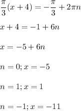 \displaystyle \frac{ \pi }{3}(x+4)=- \frac{ \pi }{3}+2 \pi n\\\\x+4=-1+6n\\\\x=-5+6n\\\\n=0; x=-5\\\\n=1;x=1\\\\n=-1; x=-11