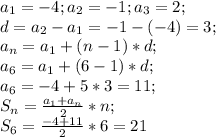 a_1=-4;a_2=-1;a_3=2;\\d=a_2-a_1=-1-(-4)=3;\\a_n=a_1+(n-1)*d;\\a_6=a_1+(6-1)*d;\\a_6=-4+5*3=11;\\S_n=\frac{a_1+a_n}{2}*n;\\S_6=\frac{-4+11}{2}*6=21