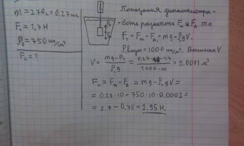 Цилиндр массой m=270г подвешен к динамометру.при погружении цилиндра в воду динамометр показывает пр