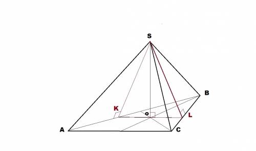 Вправильной пирамиде sabc рёбра ba и bc разделены точками k и l так, что bk=bl=4 и ka=lc=2. найдите