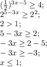 (\frac{1}{2})^{3x-5} \geq 4;\\2^{5-3x} \geq 2^2;\\21;\\5-3x \geq 2;\\-3x \geq 2-5;\\-3x \geq -3;\\x \leq 1;