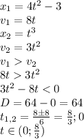 x_1=4t^2-3\\ v_1=8t\\ x_2=t^3\\ v_2=3t^2\\ v_1v_2\\ 8t3t^2\\ 3t^2-8t<0\\ D=64-0=64\\ t_{1,2}=\frac{8\pm 8}{6}=\frac{8}{3};0\\ t\in(0;\frac{8}{3})