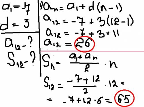 Варифметической прогрессии а1=-7 . d = 3 ,найдите а12,и сумму первых двенадцати членов этой прогресс